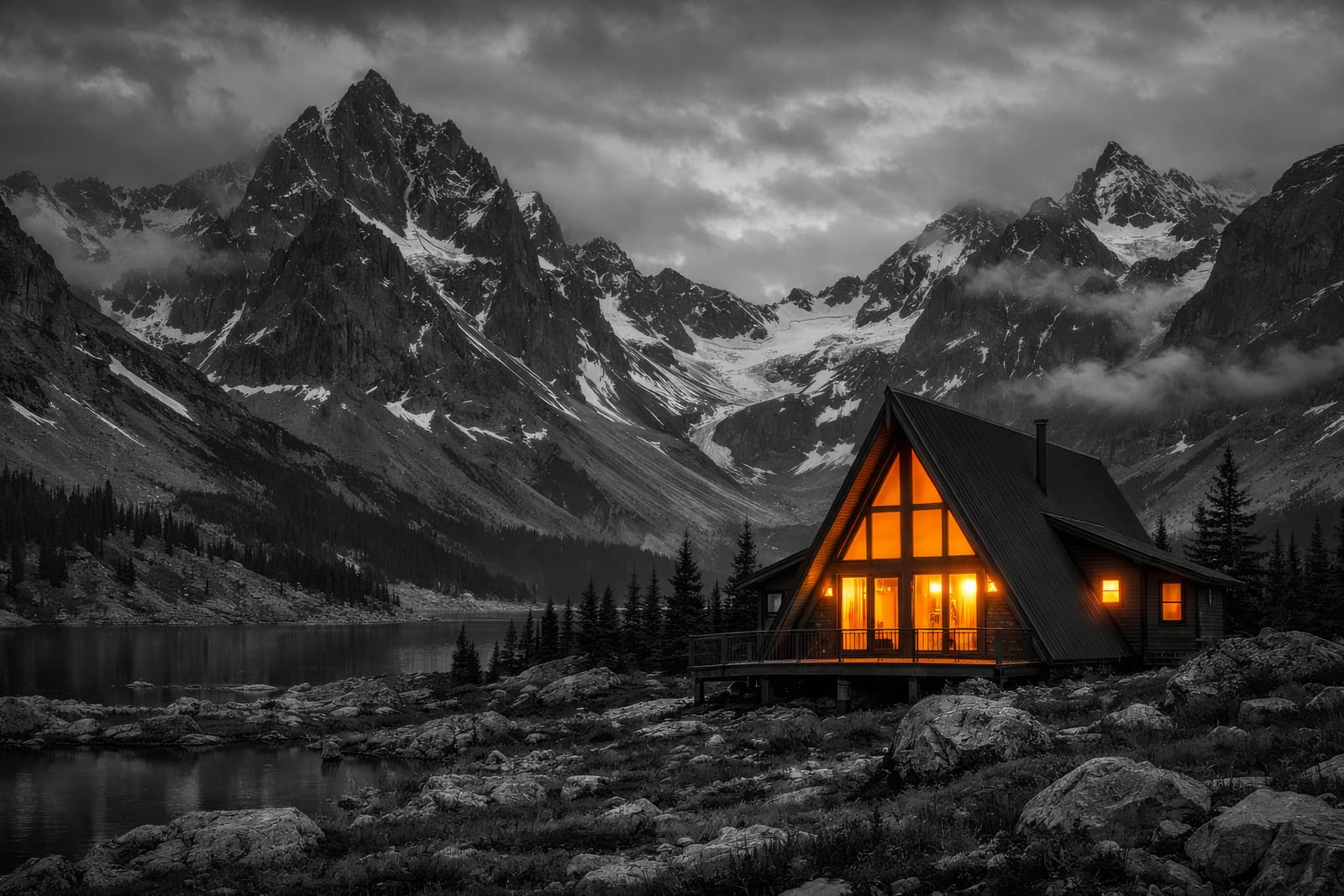 Cozy cabin nestled in a snowy mountain landscape