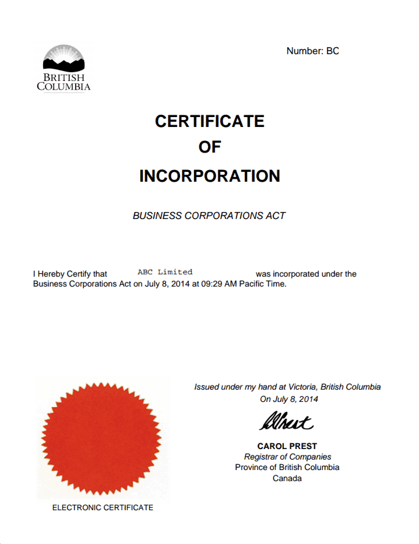 Certificate of Incorporation sample