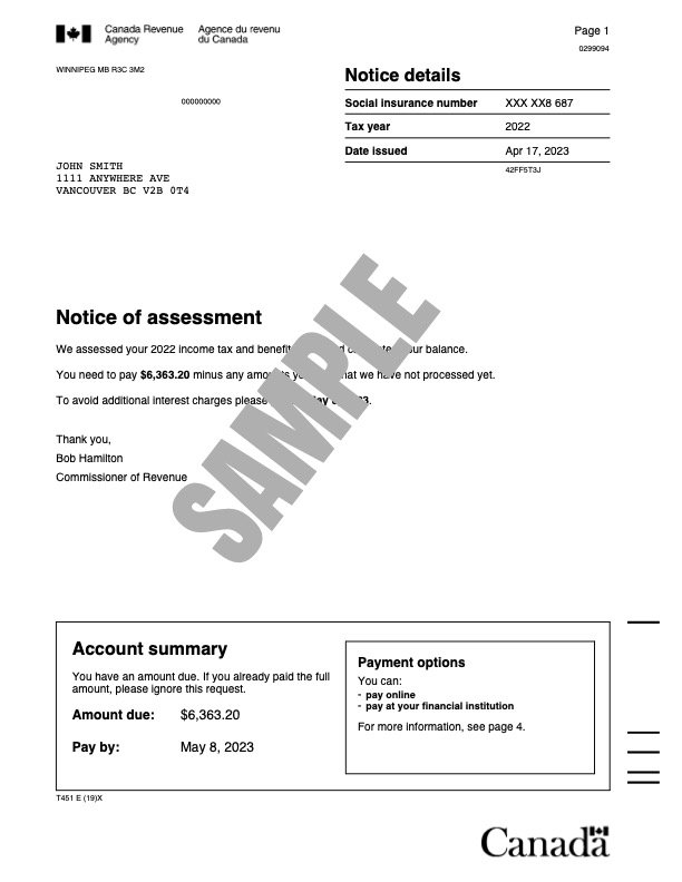 Notice of Assessment (NOA) sample