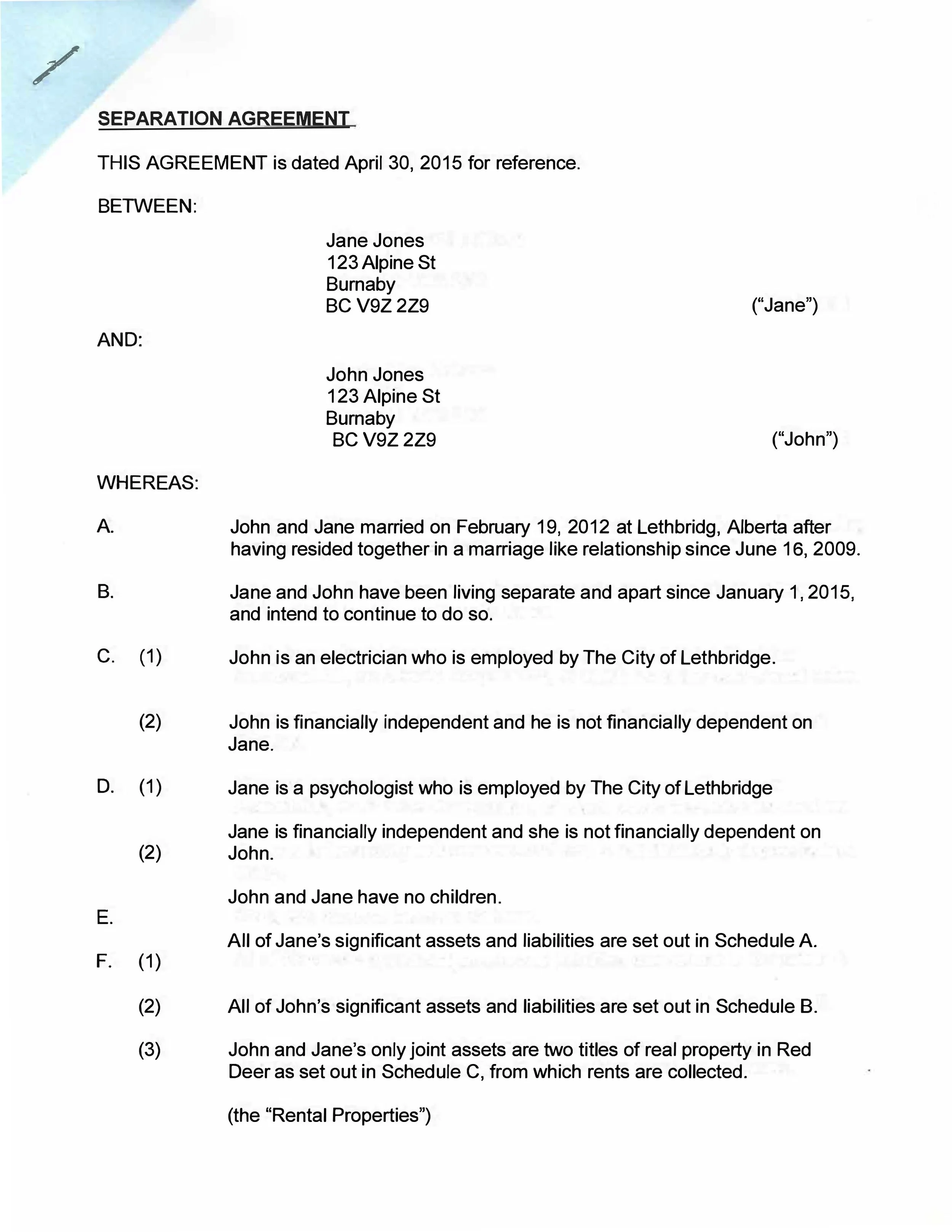 Separation Agreement sample